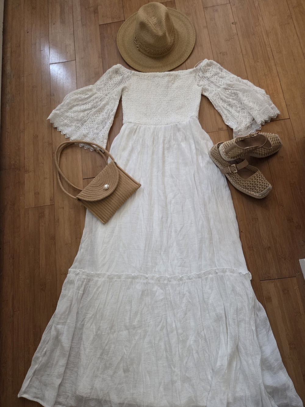 Off-Shoulder White Lace Sleeve Maxi Dress